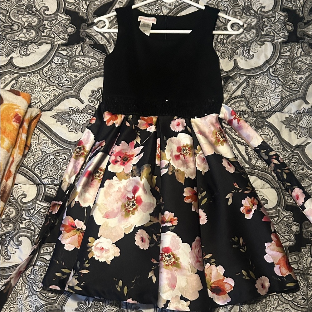 Bonnie Jean Black Floral Satin Dress